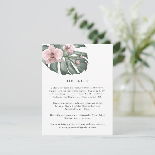 Roze Orchideeën op Monstera Tropische bruiloft Det Informatiekaartje (Staand voorkant)