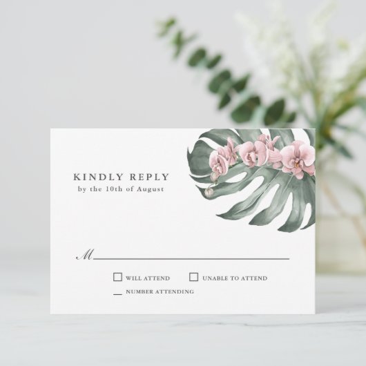 Roze Orchideeën op Monstera Tropische Bruiloft RSV RSVP Kaartje (Staand voorkant)