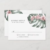 Roze Orchideeën op Monstera Tropische Bruiloft RSV RSVP Kaartje (Voorkant / Achterkant)