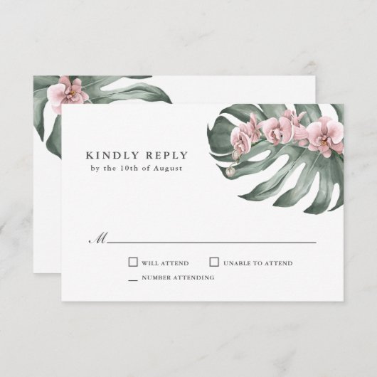 Roze Orchideeën op Monstera Tropische Bruiloft RSV RSVP Kaartje (Voorkant / Achterkant)