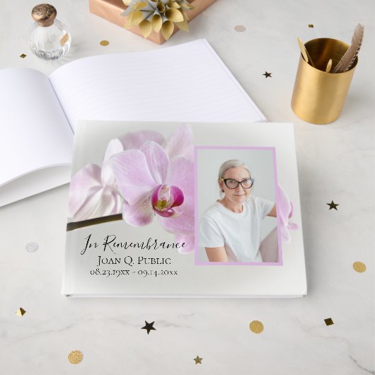 Roze Orchideeën op Stem begrafenismonument Gastenboek (Voorkant open)