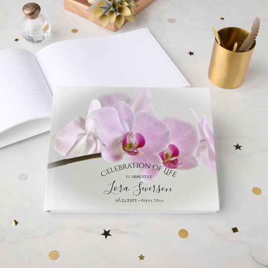 Roze orchideeën op Stem Celebration of Life Memori Gastenboek (Voorkant open)