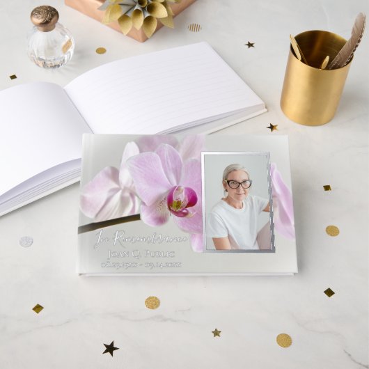 Roze Orchideeën op Stem Funeral Service Memorial Gastenboek (Voorkant open)
