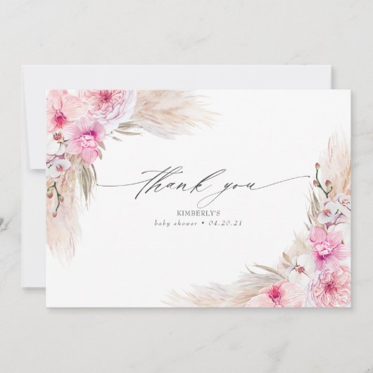 Roze Orchideeën Pampas Gras Danken Douche Bedankkaart (Voorkant)