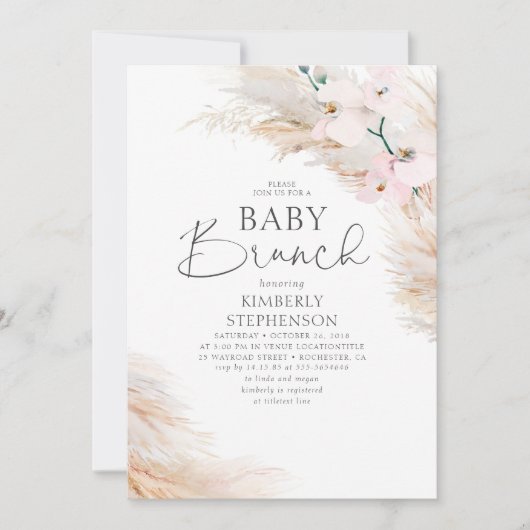 Roze Orchideeën Pampas Grass Brunch Baby shower Kaart (Voorkant)