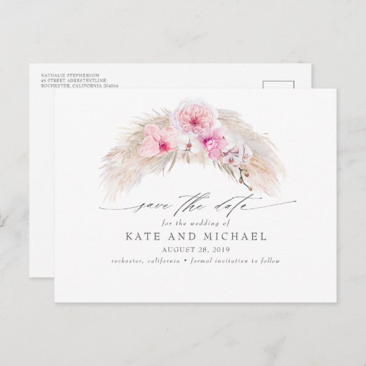 Roze Orchideeën Pampas Grass Tropical Save the Dat Briefkaart (Voorkant / Achterkant)