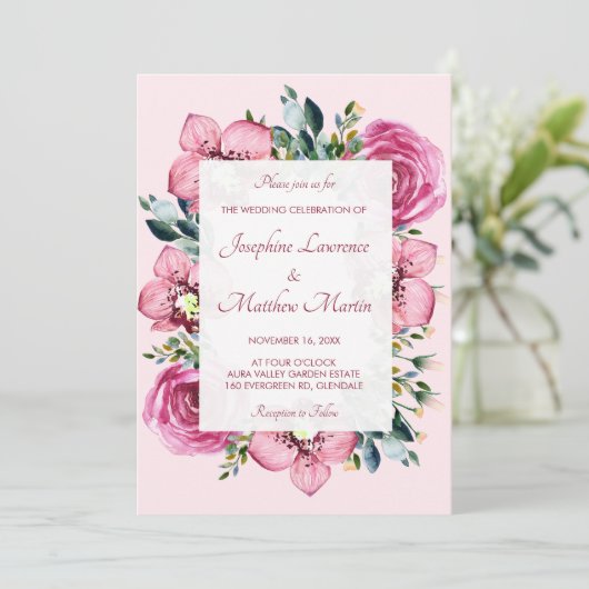 Roze Orchideeën & Rozen bruiloft uitnodigingen (Staand voorkant)