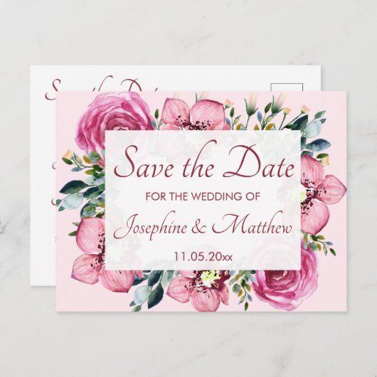 Roze Orchideeën & Rozen Save the Date Aankondigingskaart (Voorkant / Achterkant)