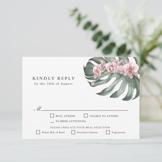 Roze Orchideeën Tropische Bruiloft RSVP met Entree (Staand voorkant)