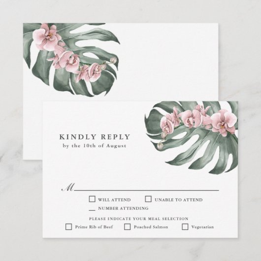 Roze Orchideeën Tropische Bruiloft RSVP met Entree (Voorkant / Achterkant)