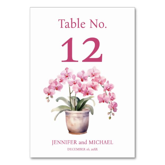 Roze Orchideeën Waterverf Trouwtafel Nummer Kaart (Voorkant)