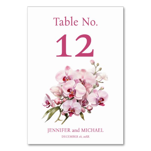 Roze Orchideeën Waterverf Trouwtafel Nummer Kaart (Voorkant)