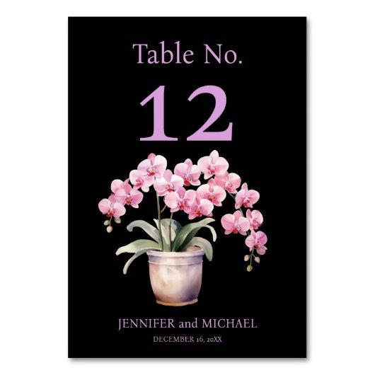 Roze Orchideeën Waterverf Zwarte Trouwtafel Nummer Kaart (Achterkant)