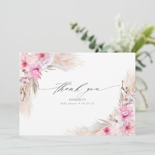Roze Orchids Pampas Grass Shower Dank u Bedankkaart (Staand voorkant)