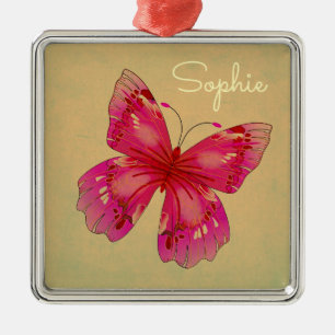 Roze Oriëntaalse vintage vlinderkunst naam Metalen Ornament
