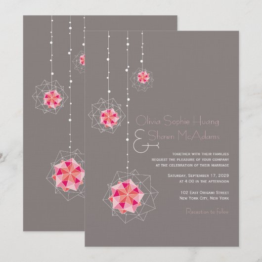 Roze Origami Hanging Ornament Lights Asian Wedding Kaart (Voorkant / Achterkant)