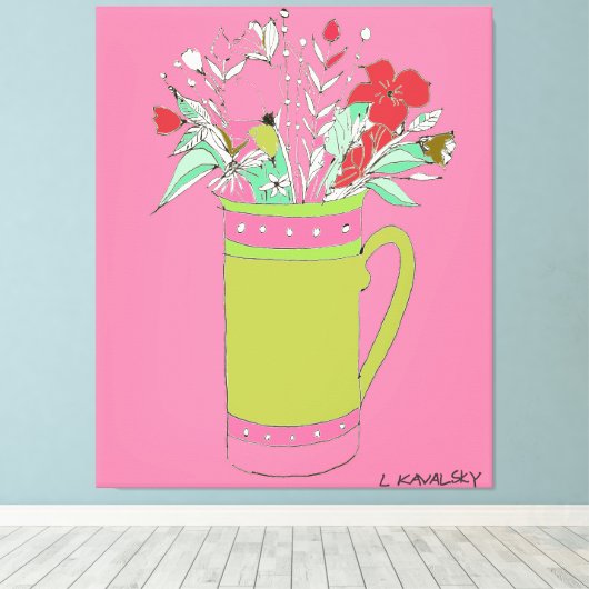 Roze originele bloemen in een Mok Canvas Afdruk (Insitu (Houten vloer))