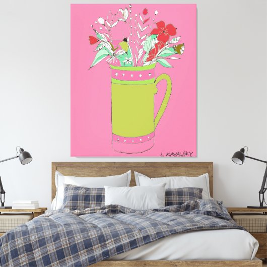 Roze originele bloemen in een Mok Canvas Afdruk (Insitu (Slaapkamer))
