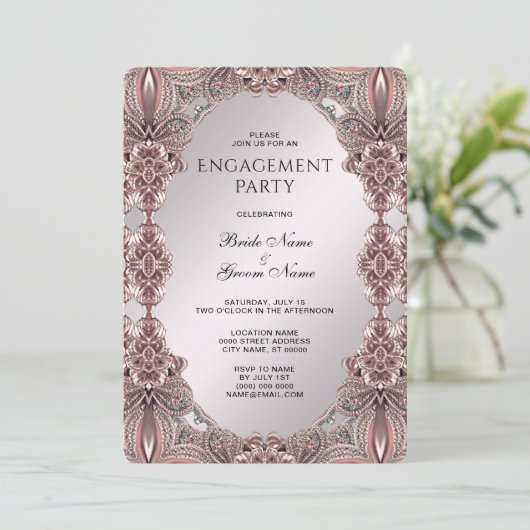 Roze Ornamental Verloving Invitation Kaart (Staand voorkant)