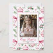 Roze Ornamenten & Bogen Aangepaste Kerstfoto Naam Feestdagenkaart (Voorkant)