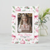 Roze Ornamenten & Bogen Aangepaste Kerstfoto Naam Feestdagenkaart (Staand voorkant)