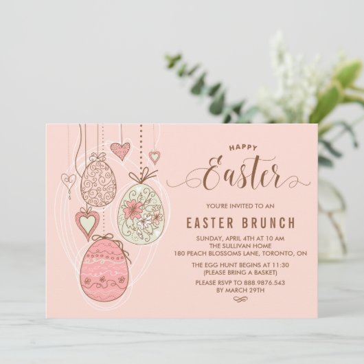 Roze  Ornamenten | Pasen Brunch en Egg Hunt Kaart (Staand voorkant)