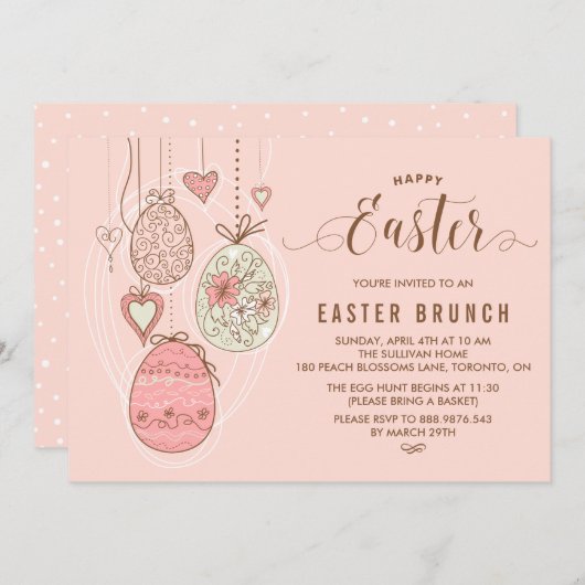 Roze  Ornamenten | Pasen Brunch en Egg Hunt Kaart (Voorkant / Achterkant)