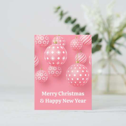 Roze Ornamenten Vrolijk Kerstfeest en Gelukkig Nie Briefkaart (Staand voorkant)