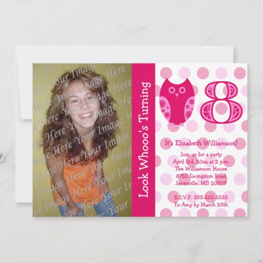 Roze orwl 8th Birthday Party Photo Invitations Kaart (Voorkant)