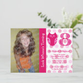 Roze orwl 8th Birthday Party Photo Invitations Kaart (Staand voorkant)