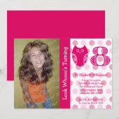 Roze orwl 8th Birthday Party Photo Invitations Kaart (Voorkant / Achterkant)