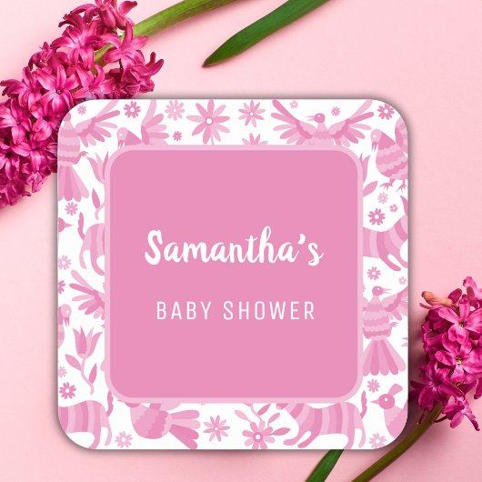 Roze otomi mexicaans baby shower papier Bord Vierkante Sticker