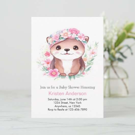 Roze Otter Wildflower Whimsical Meisje Baby shower Kaart (Staand voorkant)