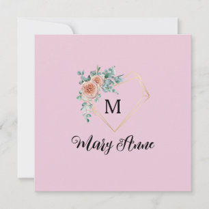 Roze Oude Rozen Gouden Hart Monogram en Naam Feestdagenkaart