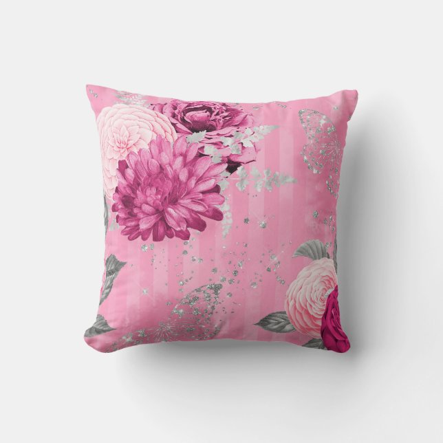 Roze Oude Rozen Zilveren Glitter Vlinder Kussen (Voorkant)