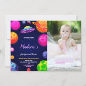 Roze Outer Space verjaardagsuitnodiging met foto Kaart (Voorkant)