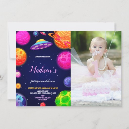 Roze Outer Space verjaardagsuitnodiging met foto Kaart (Voorkant)