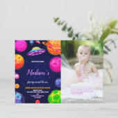 Roze Outer Space verjaardagsuitnodiging met foto Kaart (Staand voorkant)