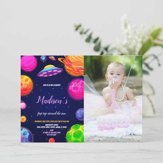 Roze Outer Space verjaardagsuitnodiging met foto Kaart (Staand voorkant)