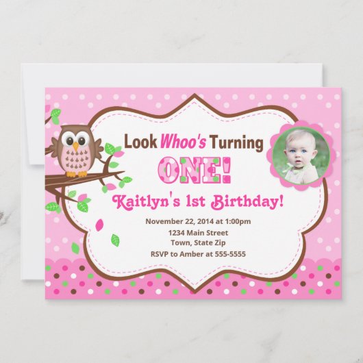 Roze ovale 1e verjaardag Uitnodiging 5x7 Fotokaart (Voorkant)