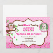 Roze ovale 1e verjaardag Uitnodiging 5x7 Fotokaart (Voorkant / Achterkant)