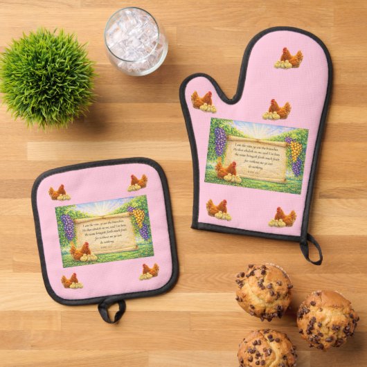 Roze ovenwant en pannenlapper set met Bijbelvers (Top down)