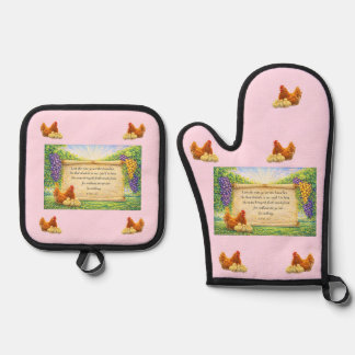 Roze ovenwant en pannenlapper set met Bijbelvers