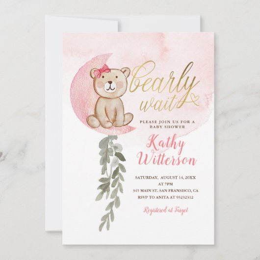 Roze over het Beer Girl Baby shower Kaart (Voorkant)