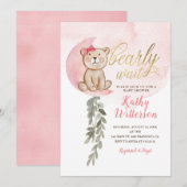 Roze over het Beer Girl Baby shower Kaart (Voorkant / Achterkant)