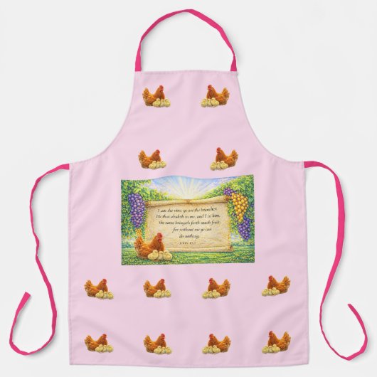 Roze overall schort met kippen en Bijbeltekst (Voorkant)