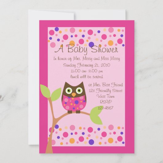 Roze Owl Baby shower Invitation-hotroze op verzoek Kaart (Voorkant)