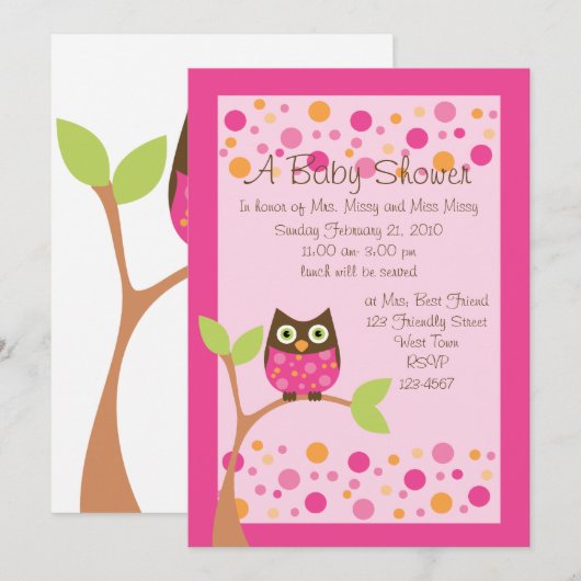 Roze Owl Baby shower Invitation-hotroze op verzoek Kaart (Voorkant / Achterkant)