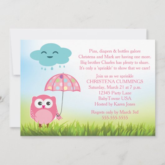 Roze Owl Baby Sprinkle Invitation Kaart (Voorkant)