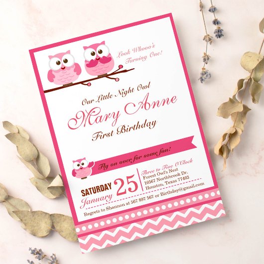 Roze Owl Birthday Party Invitation Kaart